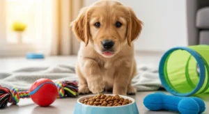 작은 그릇에 담긴 퍼피 사료를 바라보는 귀여운 아기 강아지, 건강한 성장의 상징.