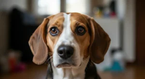 홀로 남겨져 불안해 보이거나 스트레스를 받는 강아지의 애처로운 모습.