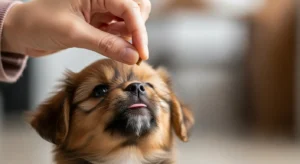 주인의 손에 들린 간식을 보며 '앉아' 자세를 배우는 아기 강아지.