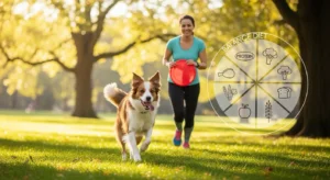 공원에서 활기차게 뛰는 건강한 성견, 적정 체중 유지의 중요성을 보여주는 이미지.