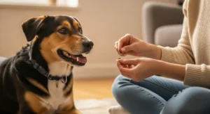 차분히 기다린 강아지에게 보호자가 간식으로 보상하는 긍정 훈련 장면.