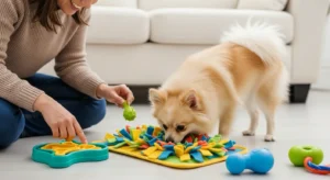 노즈워크 장난감으로 활발하게 놀며 정신적 자극을 받는 행복한 강아지.