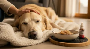 부드러운 이불 위에서 편안하게 쉬고 있는 노견과 돌보는 손길, 노령견 사료와 건강 관리를 상징.