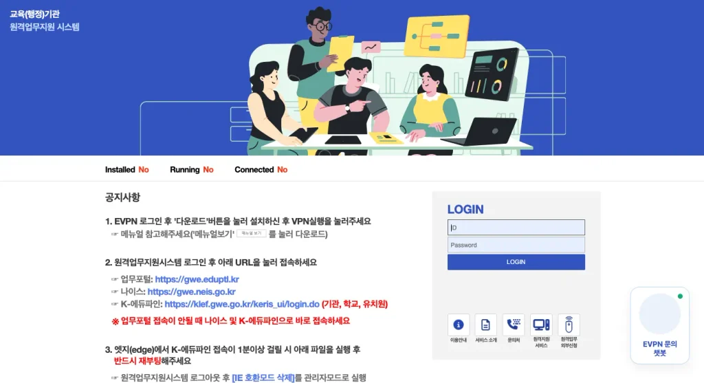 강원도교육청 EVPN 원격업무지원시스템 홈페이지